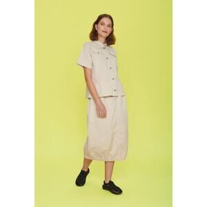 Bitte Kai Rand Small Senmei Crinkle Midi Skirt Beige Cotton Blend Elastic Waist